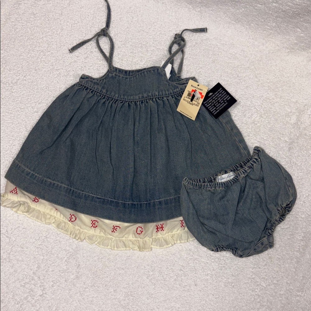 NWT Ralph Lauren Blue Jean Denim abc ruffle hem sundress and bloomer 6m